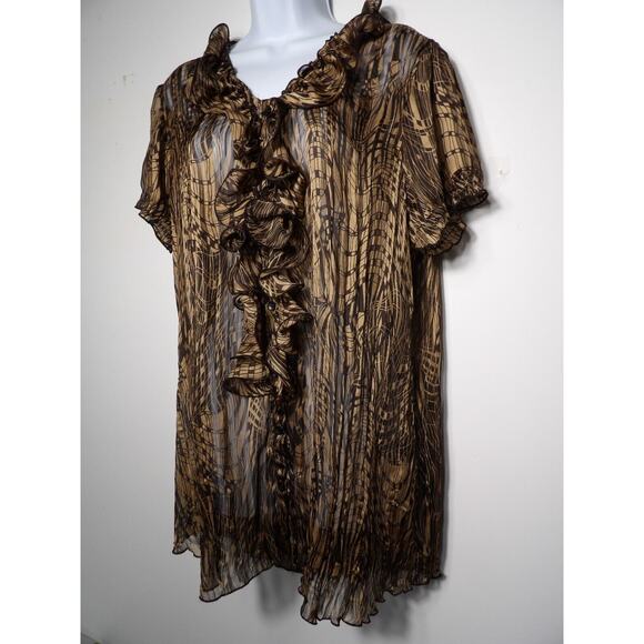Jaipur Sheer Blouse Sz XL Ruffle Button Up Brown Black Career Casual Y2K 90s - Picture 8 of 12